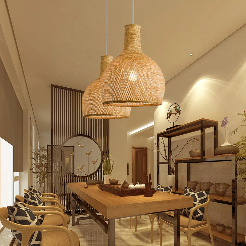 Круглая бамбуковая плетеная Подвесная лампа ротанговый каркас затеняющий