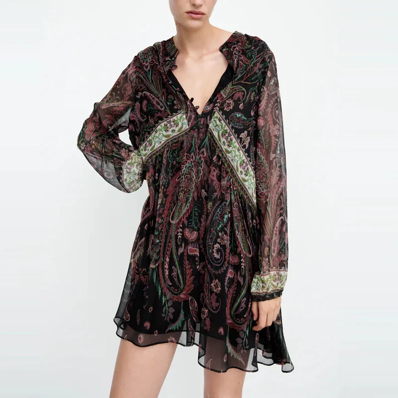 

Женское Короткое платье на пуговицах Za, винтажное платье с длинным рукавом-фонариком, элегантное праздничное платье с цветочным принтом и п...