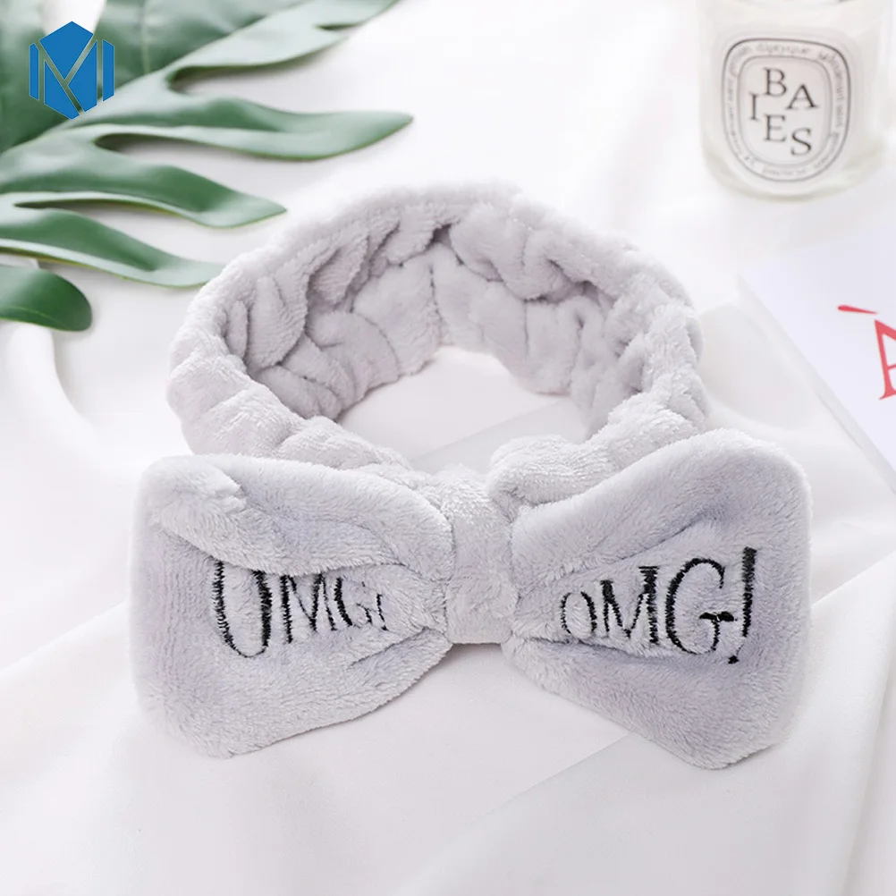 Gray OMG M MISM коралловый флис письмо OMG головные повязки с бантиком для женщин девочек мыть лицо эластичная чалма лента для волос Макияж Аксессуары для волос - Цвет: Gray OMG