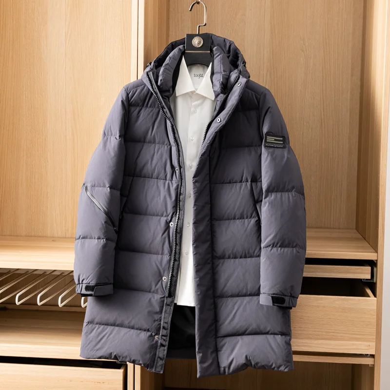 

High Quality 150-200g 90% White Goose Down Filling Thick Men Puffer Jacket Hooded Men's Mid Long Coat for Winter 2021