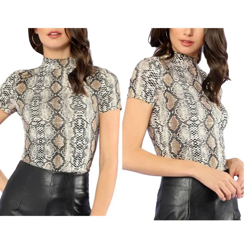 

Summer Women Blouse Ladies Short Sleeve T-shirt Mock Neck Animals Printed Slim