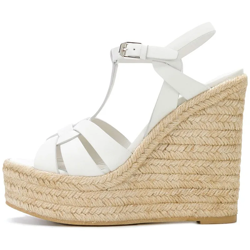 

White Brown Black PU rope slope heel waterproof platform high heel sandals