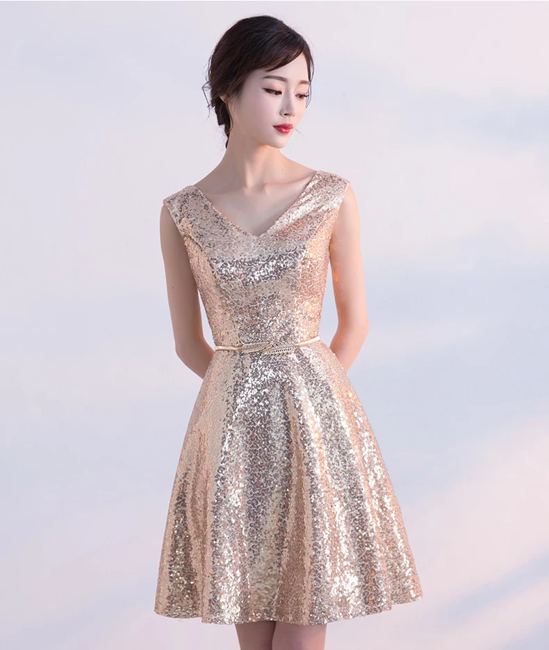 Золотые женские без рукавов с вырезом в форме буквы V Мини Вечерние Платье класса