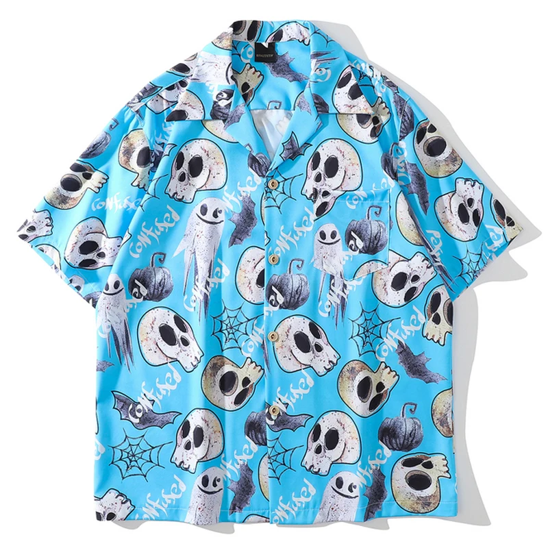 

Mens Harajuku Skeleton Print Shirt Blouse Unisex Oversize Short Sleeve 2021 Summer Hawaii Holiday Beach Loose Clothes Shirts
