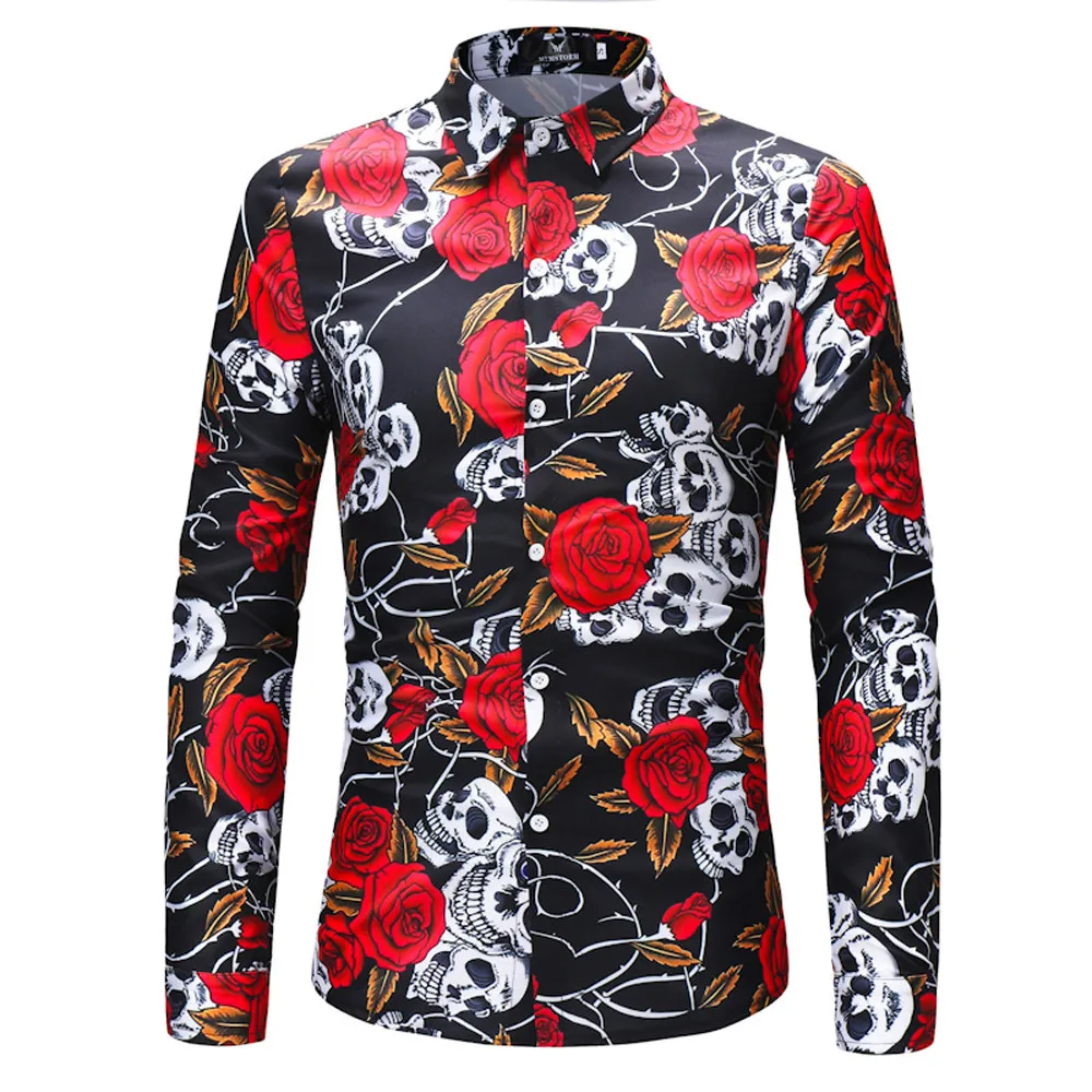 Рубашка мужская приталенная с длинным рукавом повседневная 3d принтом черепа