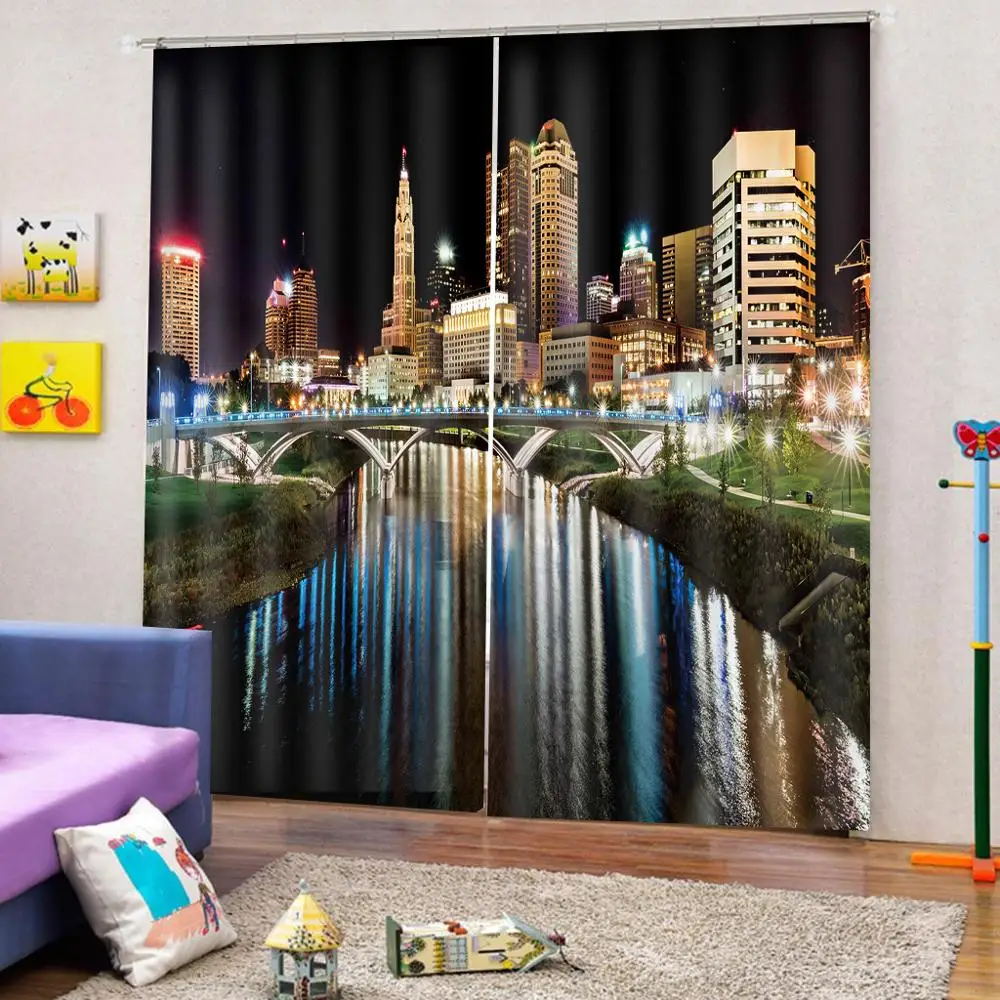 Городской Ночной пейзаж под мостом отражающие воду занавески для гостиной
