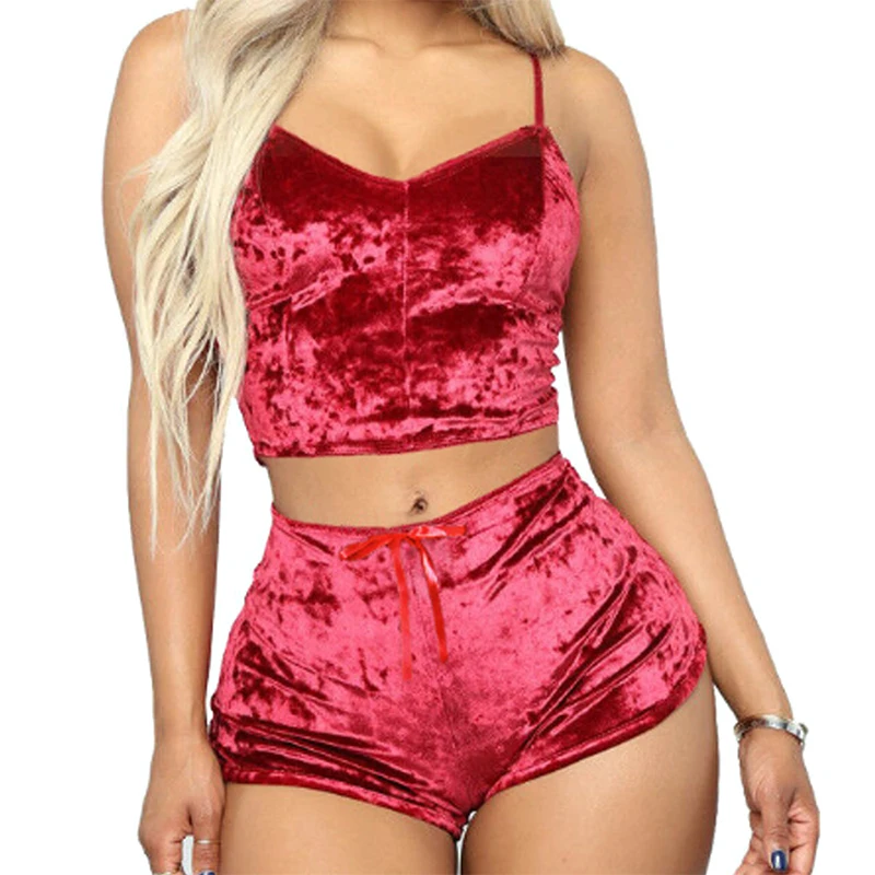 

Sleep Tops and Shorts Set Pijamas Women 2020 Fashion Ladies Two Piece Set Velvet Spaghetti Strap and Short Bottoms Sets