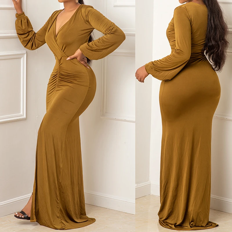 

Summer 2021 Solid Color Casual Sexy Long-sleeved Women's Dress One-piece Dress Elegant Evening Temperament Tight-fitting Dress