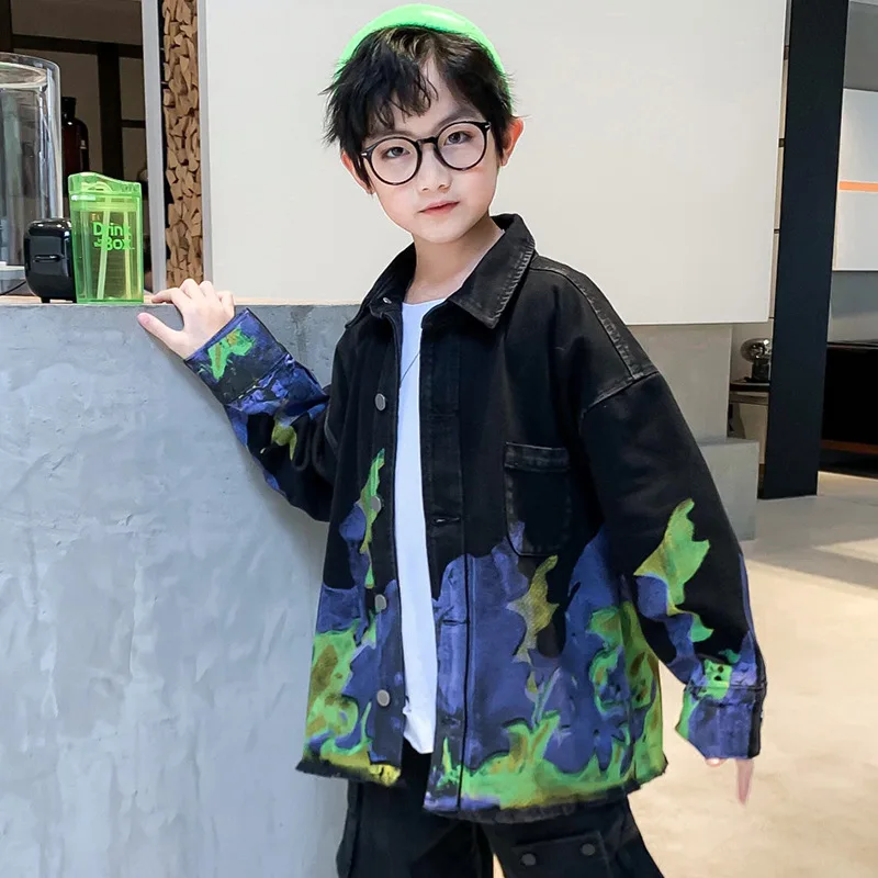 

Autumn New Children Clothing Boys Black Jacket Teen Boys Print Casual Coat Kids Turn-down Collar Cardigan Tops 6 8 10 12 14 Year