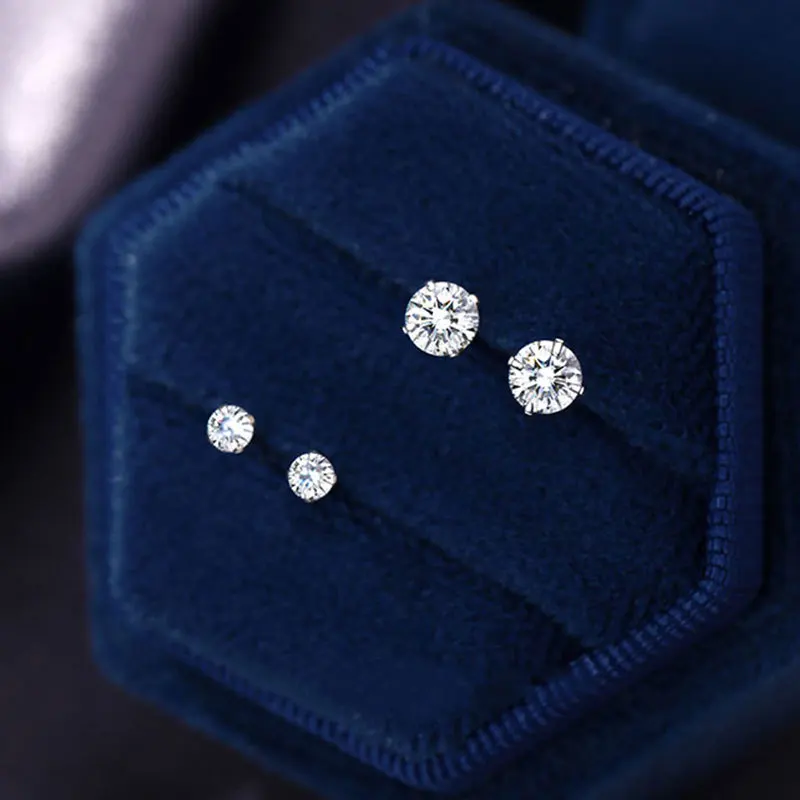 

2/3/4/5/6mm 925 999 Fine Silver Small Round Zircon Sleeping Stud Earrings for Women Original Design Fine Jewelry Bijoux Brincos