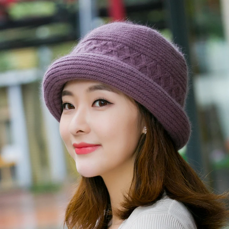H7770 Winter Bucket Hat Women Mother Warm Thickened Rabbit Fur Knitted Fisherman Cap Elderly Grandma Elegant Outdoor Simple Caps