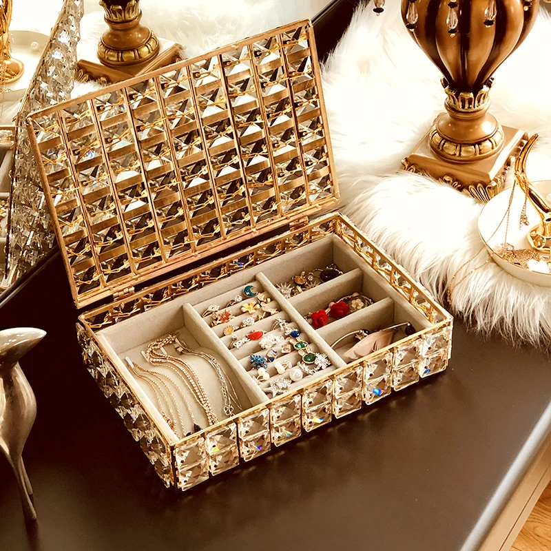 

Northern Europe Crystal Jewelry Storage Box Dressing Table Desk Finishing Necklace Earrings Flannel Makeup Organization