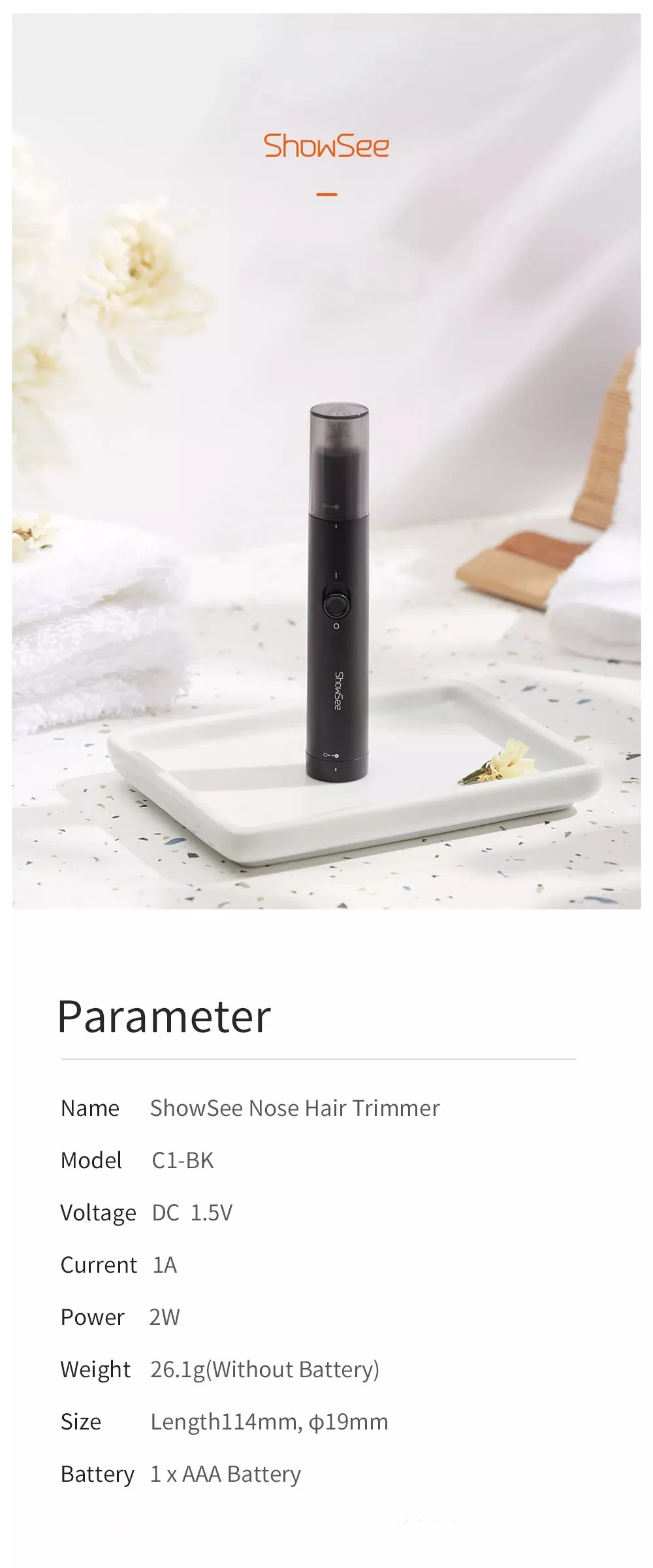 Xiaomi mijia ShowSee C1-BK Портативный электрический триммер для волос в носу Съемная моющаяся Двусторонняя вращающаяся на 360 ° режущая головка