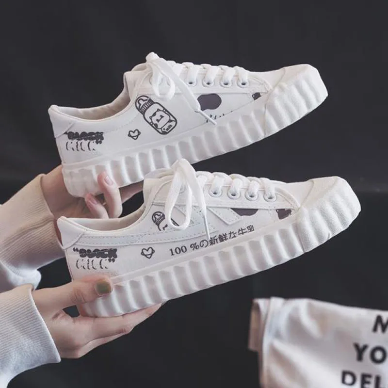 

Sneakers Women's Sports Shoes Running Cow White Kawaii 2021 Summer Spring Casual Flat Vintage College Student Tennis