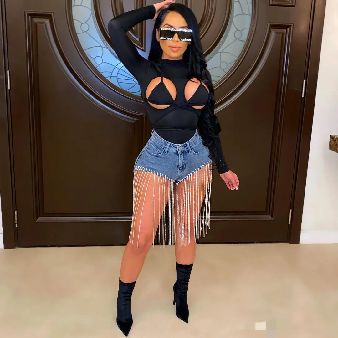 

Jeans Women Zip Pockets Chain Tassel Elastic Denim Shorts Female Sexy Trousers Casual Clothing 2021