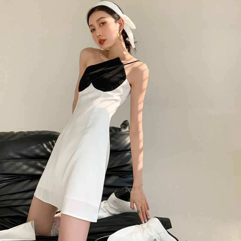 

2021 New Summer Spaghetti Strap Dress Women Sexy Heart Shape Patchwork Sleeveless Dresses Female Vintage Tide Irregular Clothing