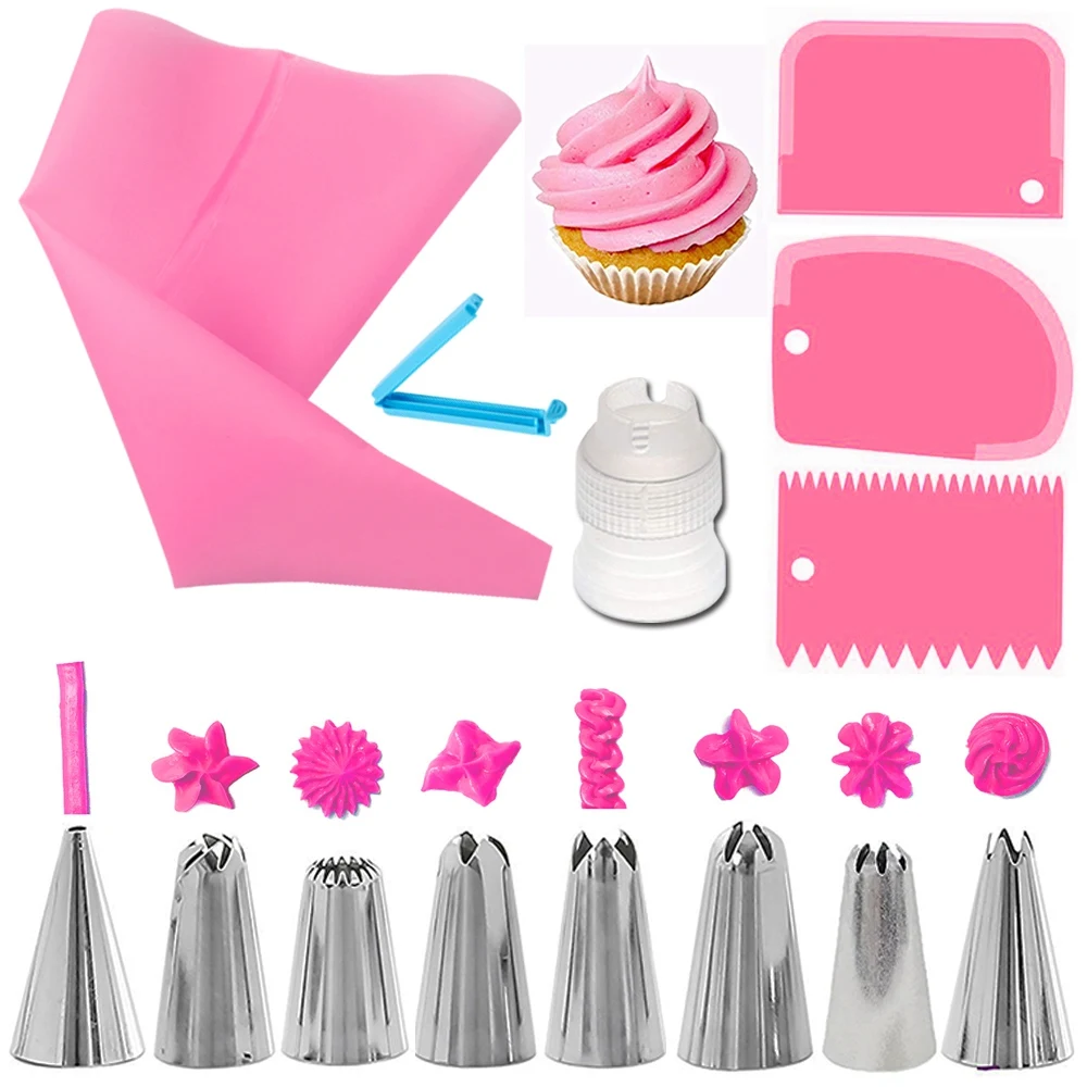 

14pcs Cake Decorating Kit Piping Tips Silicone Pastry Icing Bags Nozzles Cream Scrapers Coupler Set DIY Cake Decorating Tools
