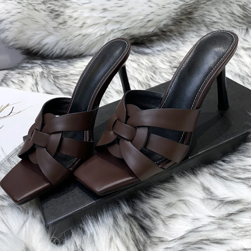 

Ollymurs Luxury New Design Ladies Slippers Imported Genuine Leather High Heels Square Toe Party Sexy 2021 Summer Outdoors Women