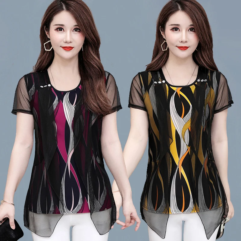 5XL Большие размеры женские шифоновые сетчатые рубашки с коротким рукавом блузки