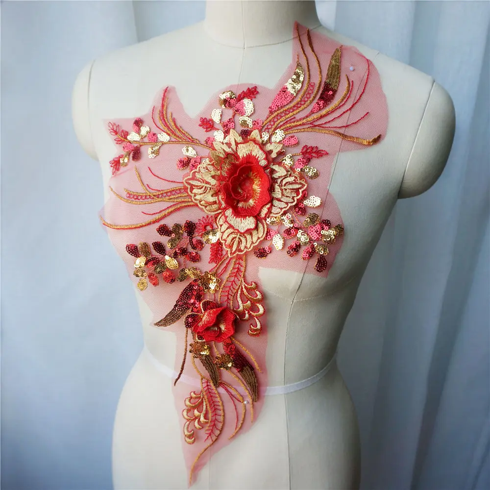 Кружевная ткань с красными золотыми блестками и цветами вышитая кисточка