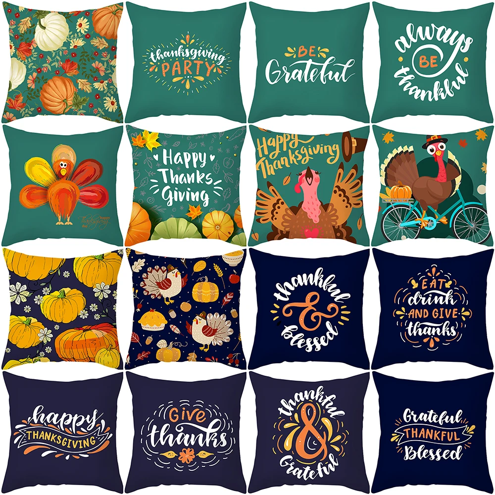 

Autumn Thanksgiving Cushion Cover Turkey Pumpkin Pillowcase Decor Sofa Pillow Cover Fall Maple Leaf Letters Pillow Cases 45*45cm