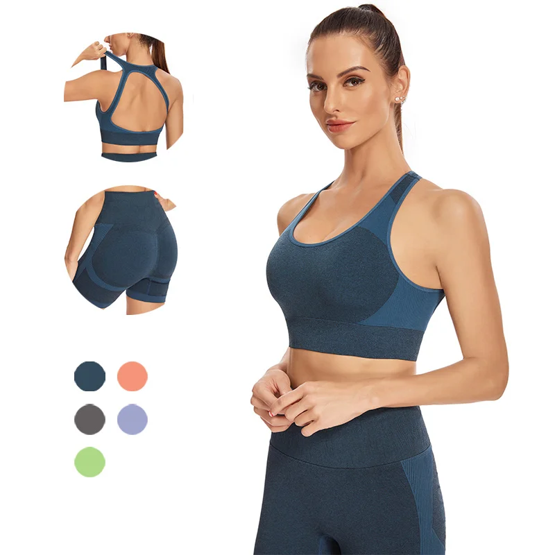 

Костюм Corto Sin Costuras Para Mujer, комплект для йоги и Gimnasio, одежда для фитнеса с Sujetador Hueco En La Espalda, Pantalones