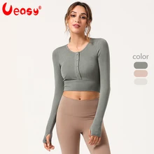 Ueasy camisetas de Yoga de manga larga para mujer, Top deportivo para Fitness, Top de punto de canalé para gimnasio, ropa deportiva para entrenamiento, Top corto de manga larga (1)