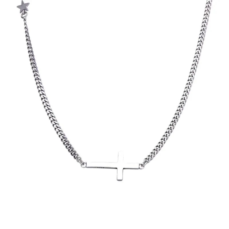 

S925 Sterling Silver Cross Retro Thai Silver Necklace Geometric Letter Square Brand Personality Retro Jewelry Clavicle Chain