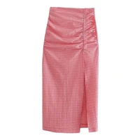 reul women 2021 za summer vintage red plaid midi skirt fashion high waist back zipper split female skirts casual faldas mujer