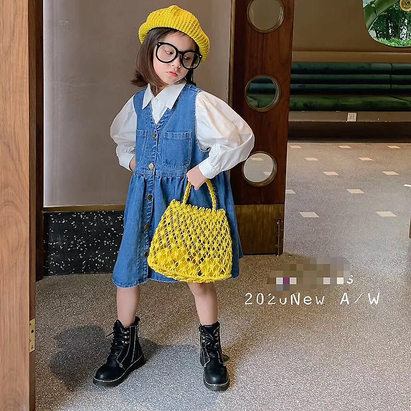 Юбка костюм для девочек осень 2020 Детская универсальная однобортная джинсовая