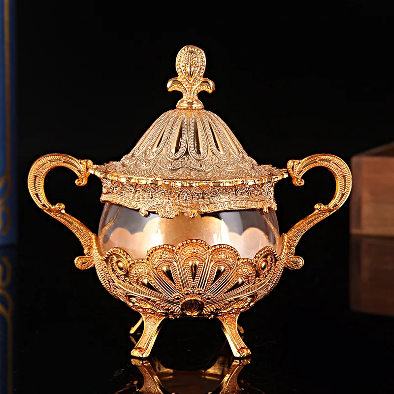 

High Quality Alloy Glass Cruet Salt Jar New Peacock Pattern European Style Tea House Household Sugar Bowl