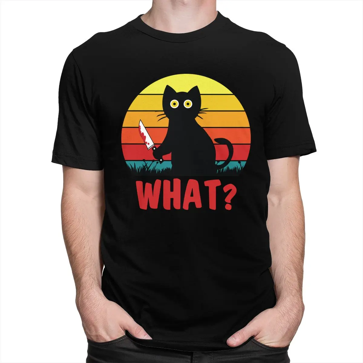 

Vintage Black Psycho Cute Cat What T Shirt Men Short Sleeve Funny Murderous Cat With Knife Tshirt Halloween Gift Casual T-shirt