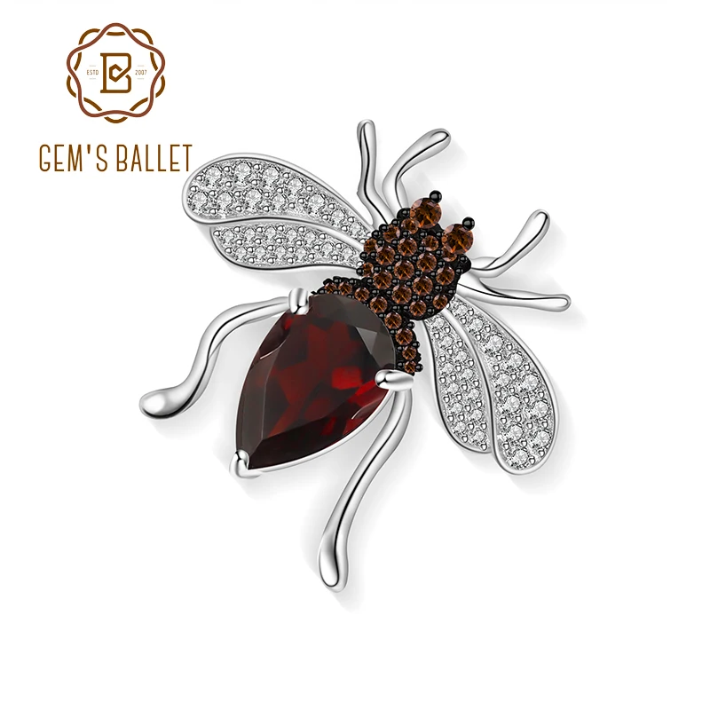 GEM'S BALLET 925 Sterling Sliver Cute Bee Brooches 3.1Ct Natural Red Garnet Gemstone Pin Brooch Jewelry For Women | Украшения и