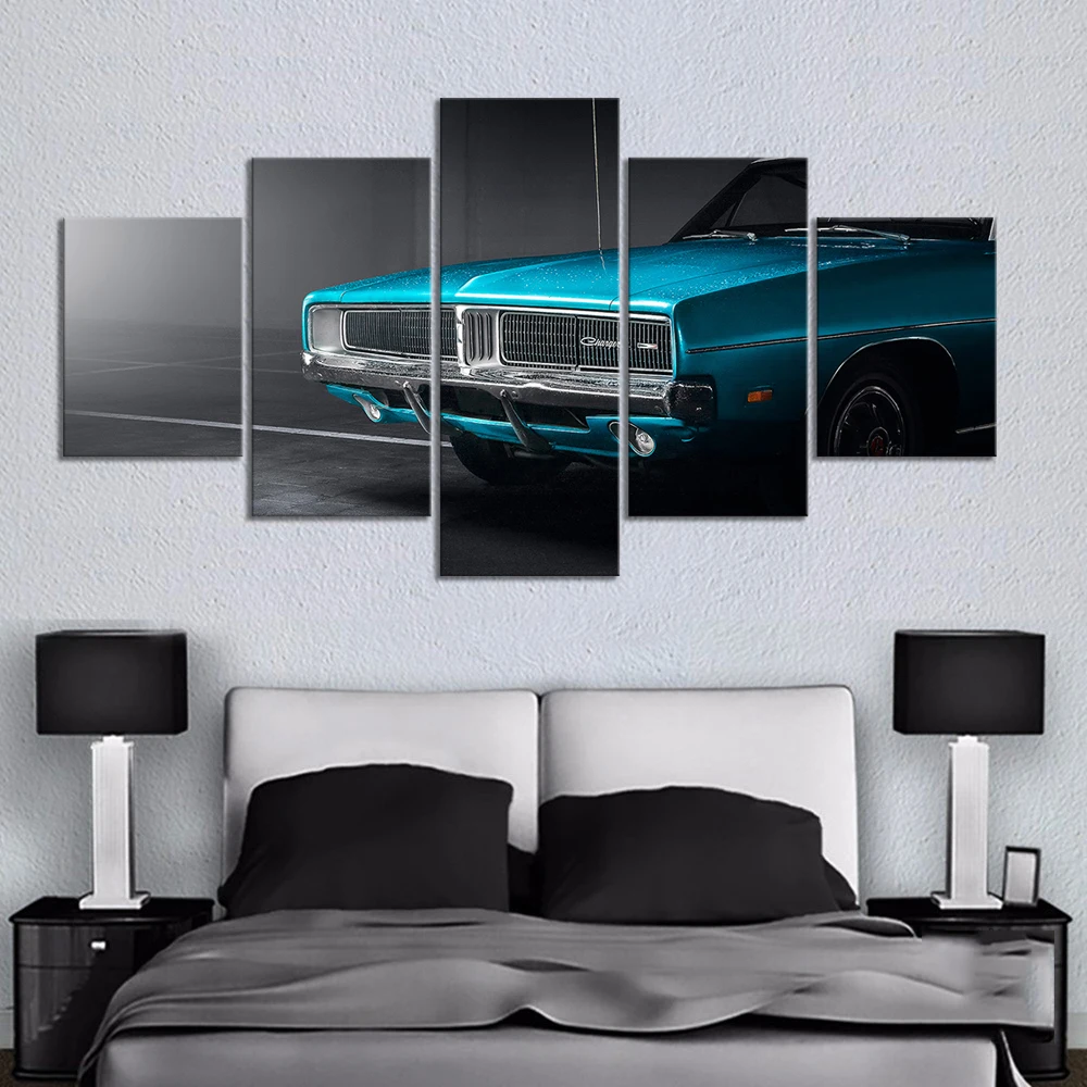 

5 Panel Vintage Blue Racing Sports Car Cuadros Posters Canvas Wall Art HD Pictures Accessories Home Decor Living Room Paintings