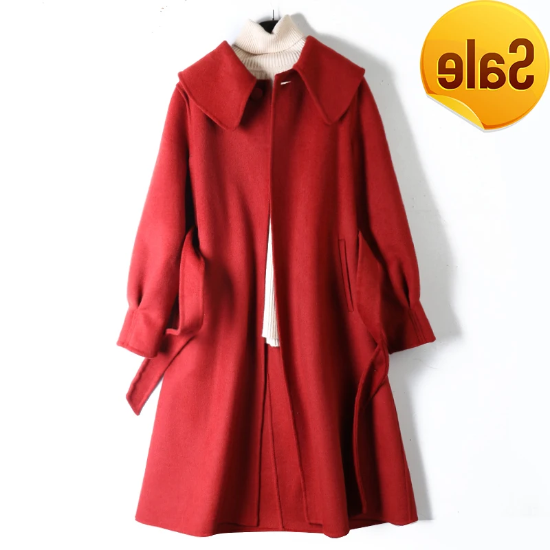 

Korean 2020 New Autumn Version Winter Of The Quilted Cashmere Coat Lantern Sleeve Solid Straight Women Red Woolen Coat
