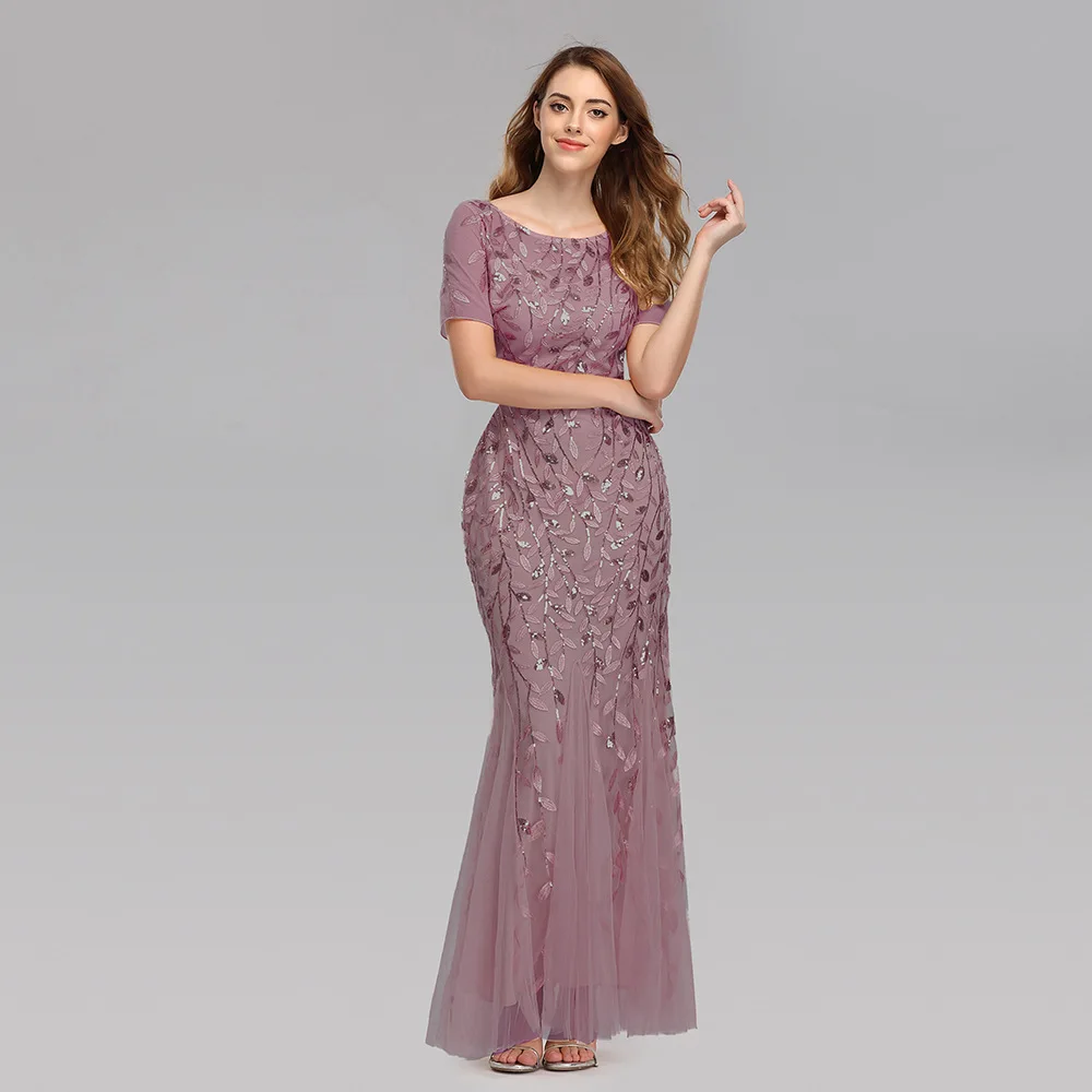 Dust Pink Модное Тюлевое платье подружки невесты с круглым вырезом и аппликацией,, короткий рукав, длина до пола, простое бордовое свадебное платье - Цвет: Dust Pink