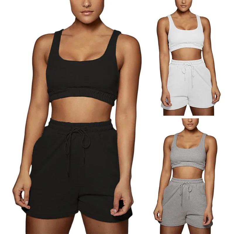 

Летний спортивный костюм для женщин, комплект из двух предметов, однотонный пуловер, топ и шорты на шнуровке, спортивные костюмы, женская од...