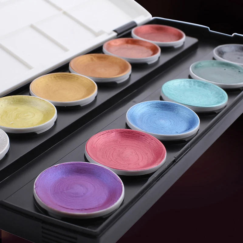 

New Hot Metallic Watercolor Set 12 Colors Pearlescent Solid Watercolor Pigment Set