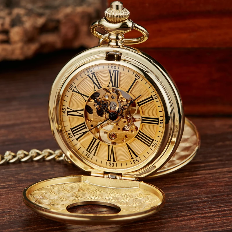 Retro Hand Wind Mechanical Pocket Watch With Fob Chain Mens Hollow Skeleton Dial Black Steel Fashion Quartz Pocket Watch Gifts