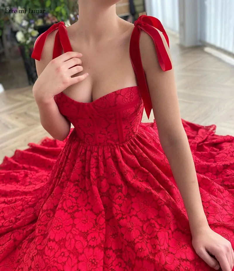 

Red Prom Dresses Spaghetti Strap Lace A-Line Tea Length Party Dress Graduation Cocktail Vestidos De Formatura BL4206