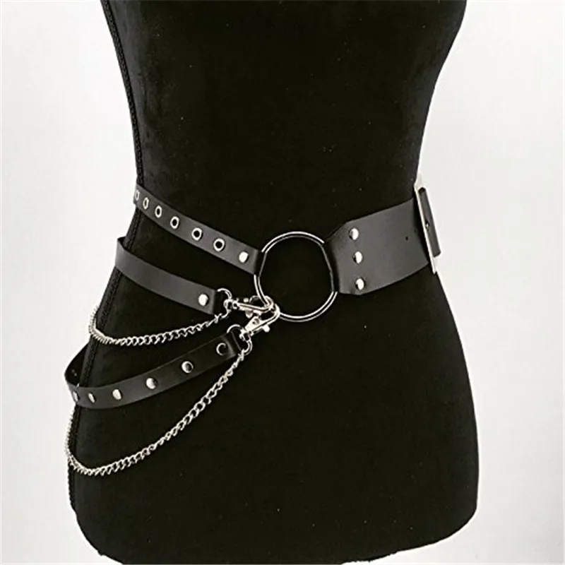 

Fashion Women Gothic Punk Waist Belt Chain Metal Circle Ring Design Silver Pin Buckle Leather Black Waistband Jeans Waist Belts