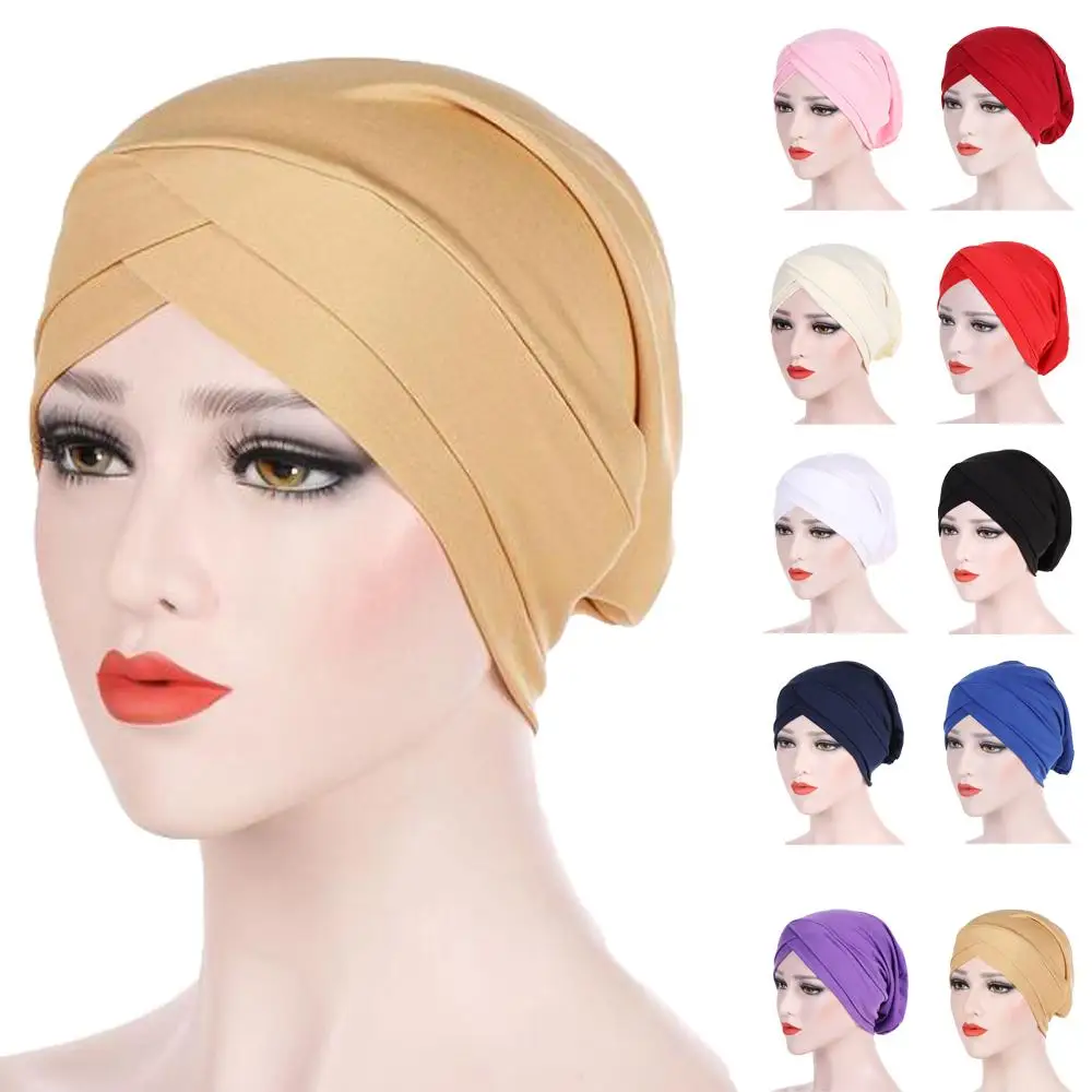 

Women Solid Color Bonnet Turban Hat Muslim Chemo Cap Arab Headwear Scarf Wrap Cover Islamic Cross Beanies Skullies Hair Loss Cap