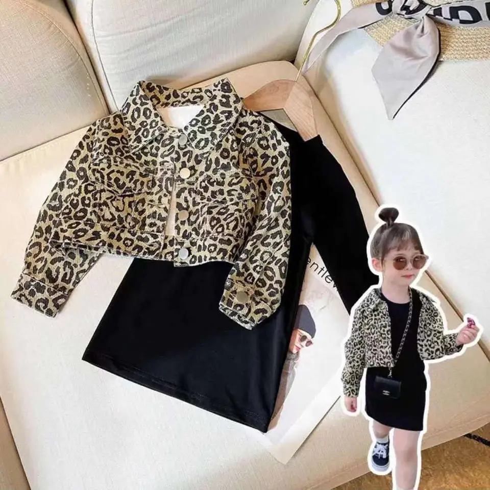 

Girls Spring Suit 2022 New Children Korean Long-sleeved Leopard Coat + Knitted Dress Two Piece Suit Girls Clothes Set