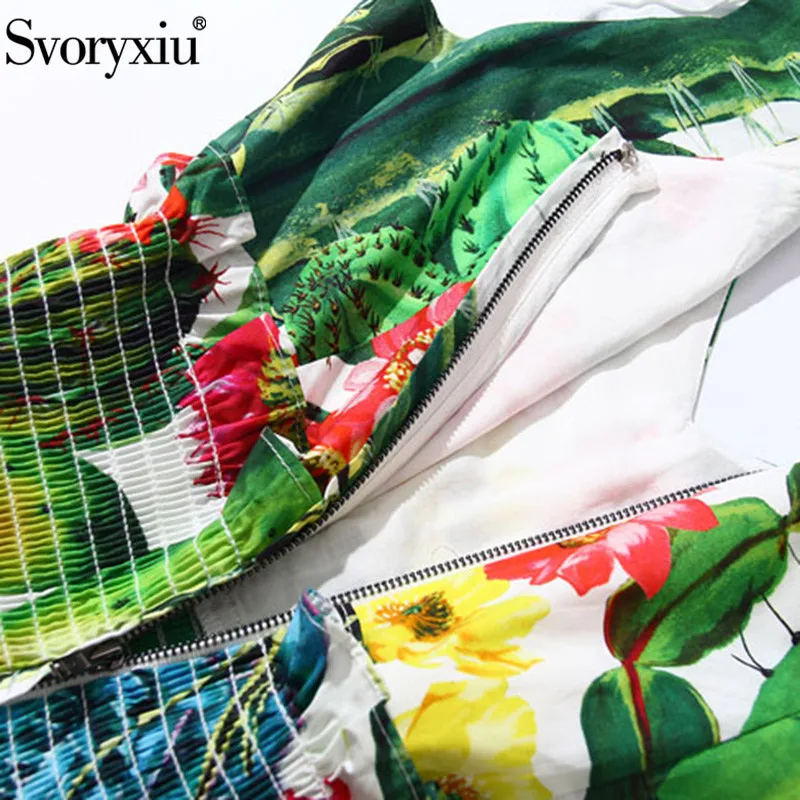 

Svoryxiu Fashion Runway Summer Sexy V-Neck Cotton Dress Women's Elastic Waist Green Cactus Flower Print Sleeveless Dresses
