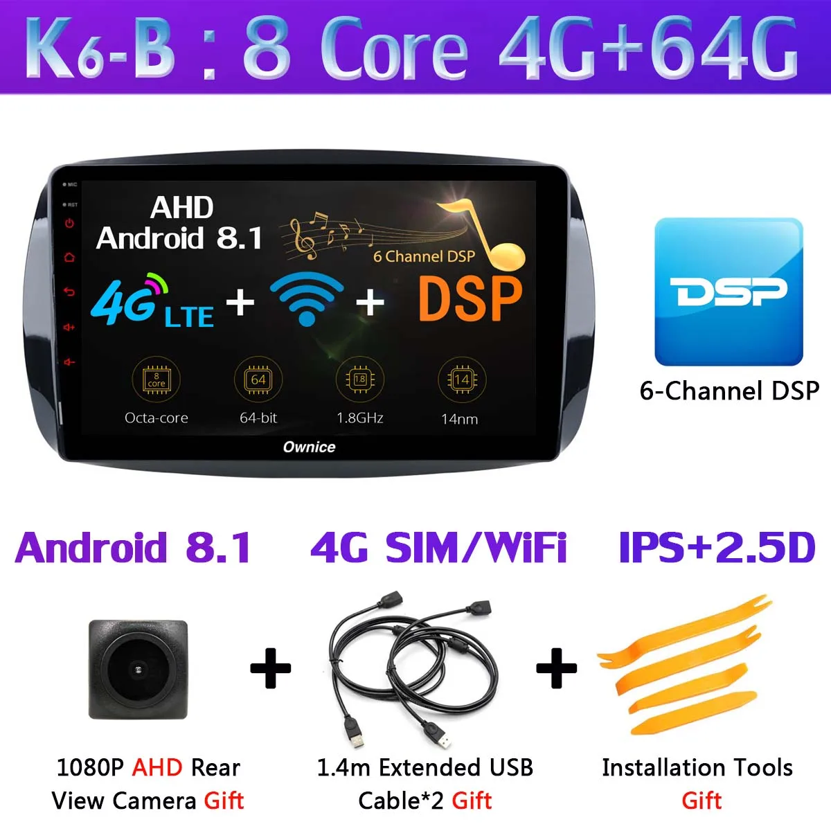 K6-B 360 ° камера 4G LTE Android 9,0 4G+ 64G SPDIF DSP CarPlay Автомобильный мультимедийный плеер для Mercedes Benz Smart Fortwo- gps радио - Цвет: K6-B