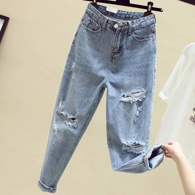 

2021 new Ripped Jeans for Women Cropped Slimming Korean Style Loose Harem Pants Streetwear Loose Female Fashion Denim Jeans