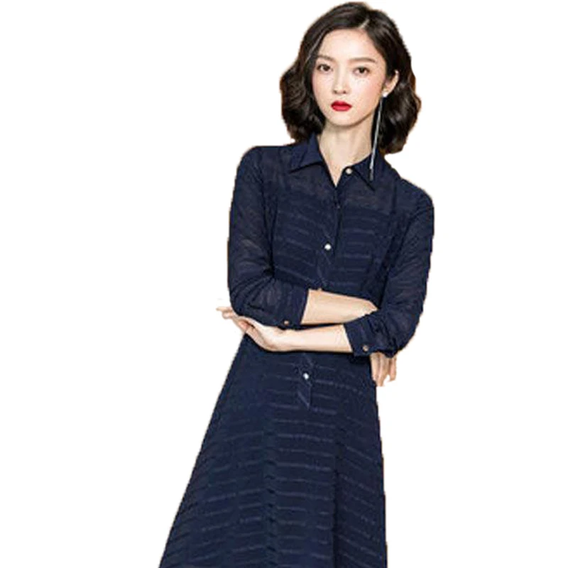 Элегантные женские полосатые платья на пуговицах повседневные с длинным рукавом