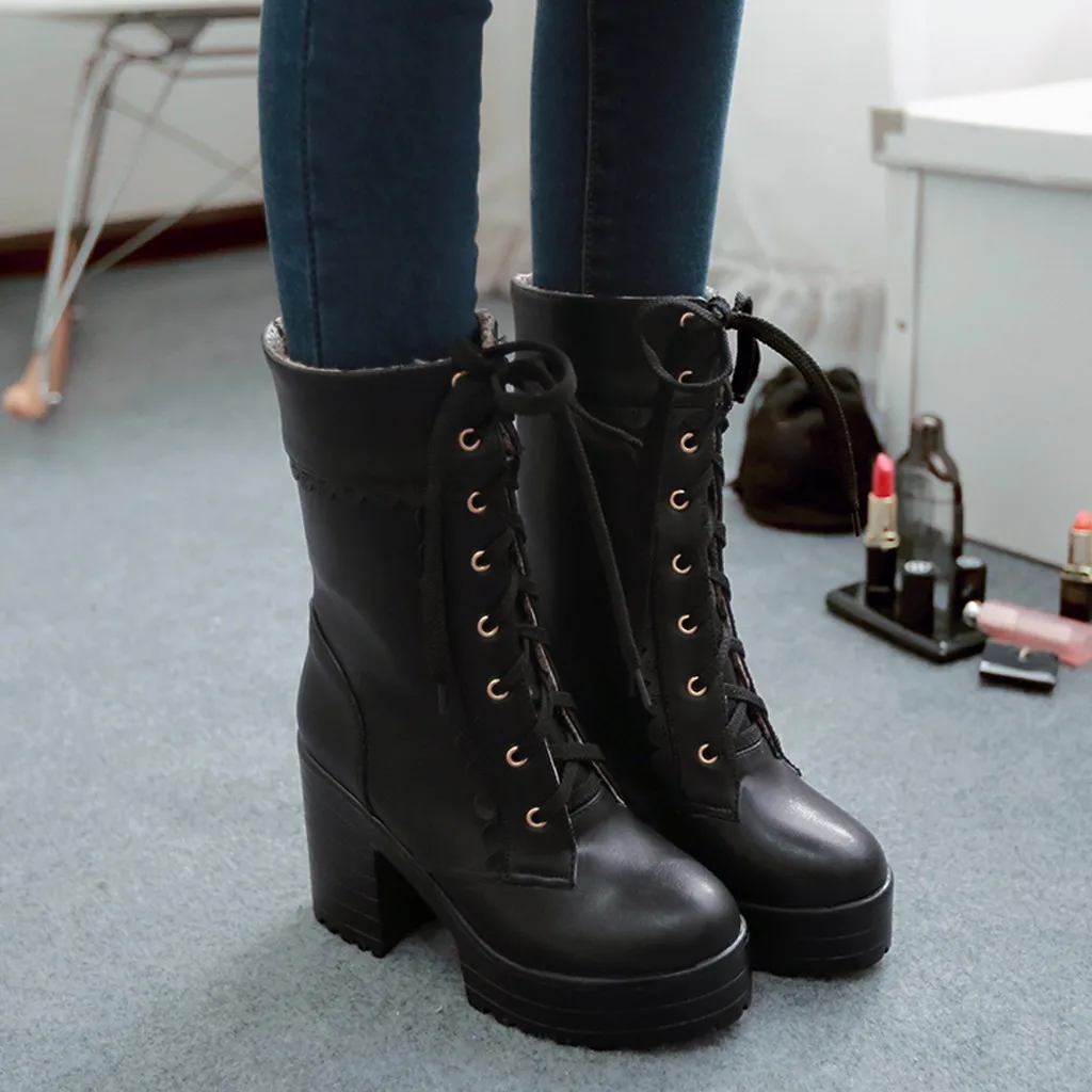 Женские ботинки на блочном каблуке из искусственной кожи платформе со шнуровкой
