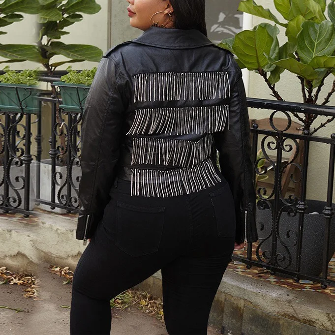 

Черная кожаная куртка Женская осенне-зимняя с кисточками длинный рукав на молнии отложной воротник элегантная повседневная одежда кожаные...