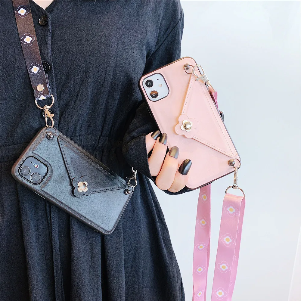 

Cute flower Camellia leather Phone Case For iPhone 13 12 11 Pro XR XS Max X 8 7 Plus Luxury card holder Strap Lanyard Soft Cover